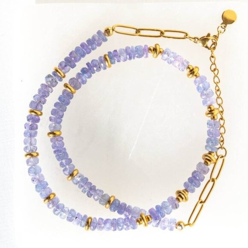 Tanzanite Beaded Necklace Purple Blue Gemstone Gold Waterproof Necklace - Picture 3 of 12